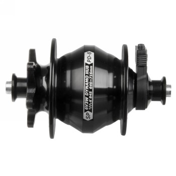 Hub dynamo for disc brakes, aluminium, black anodised, for 26-28' wheels, installation dimension: 100 mm, 32 holes, 6v/3w, with 