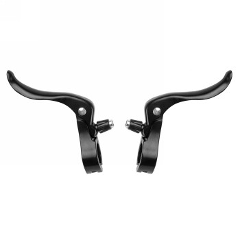 Pair of brake levers in aluminum, glossy black anodized, clamp 22.2 mm, without logo, with adjustment screw for the brake radius