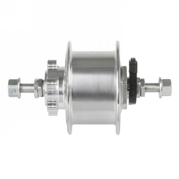 Hub dynamo for disc brake, with fixed axle, with plug, aluminium, silver, installation dimension: 100 mm, 36 holes, 6v/3w, with 