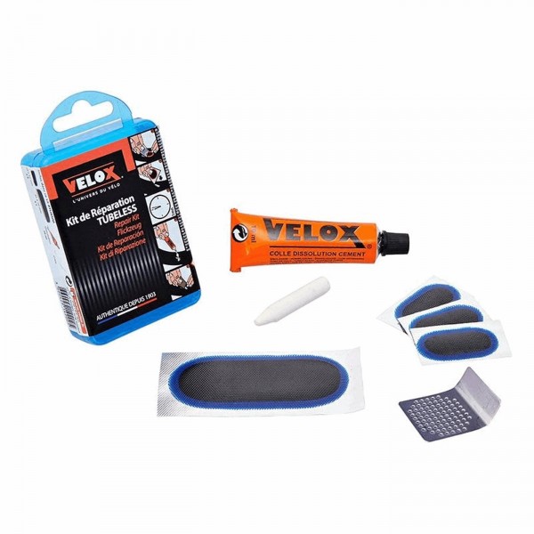 Kit de réparation tubeless : 1 mastic + 1 grattoir + 4 patchs + 1 craie - 1