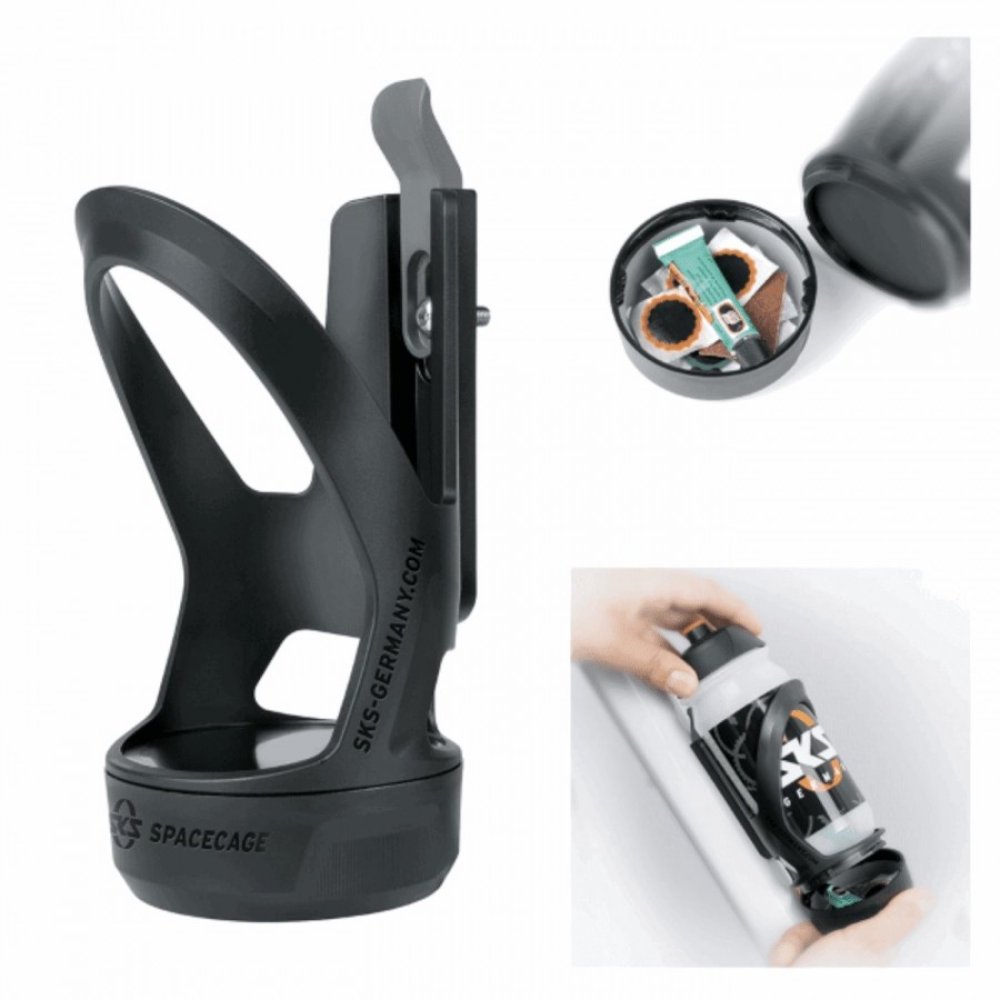 Spacecage bottle cage, with storage compartment for repair kit, keys or money. bayonet lock. black colour. - 1