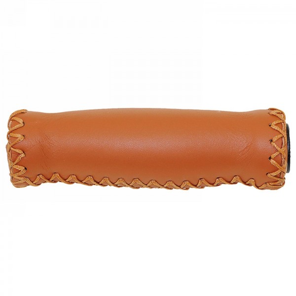 Pair of genuine leather grips, hand-stitched with high-density foam insert, 125 mm, brown, with handlebar cap. - 1