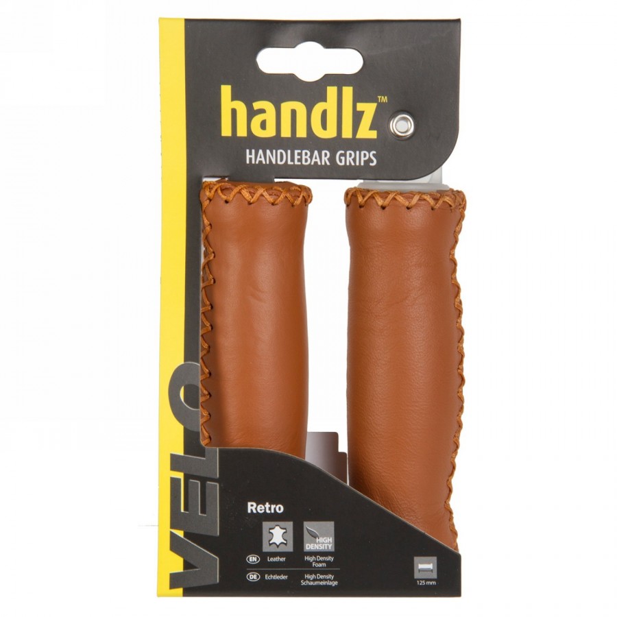 Pair of genuine leather grips, hand-stitched with high-density foam insert, 125 mm, brown, with handlebar cap. - 2