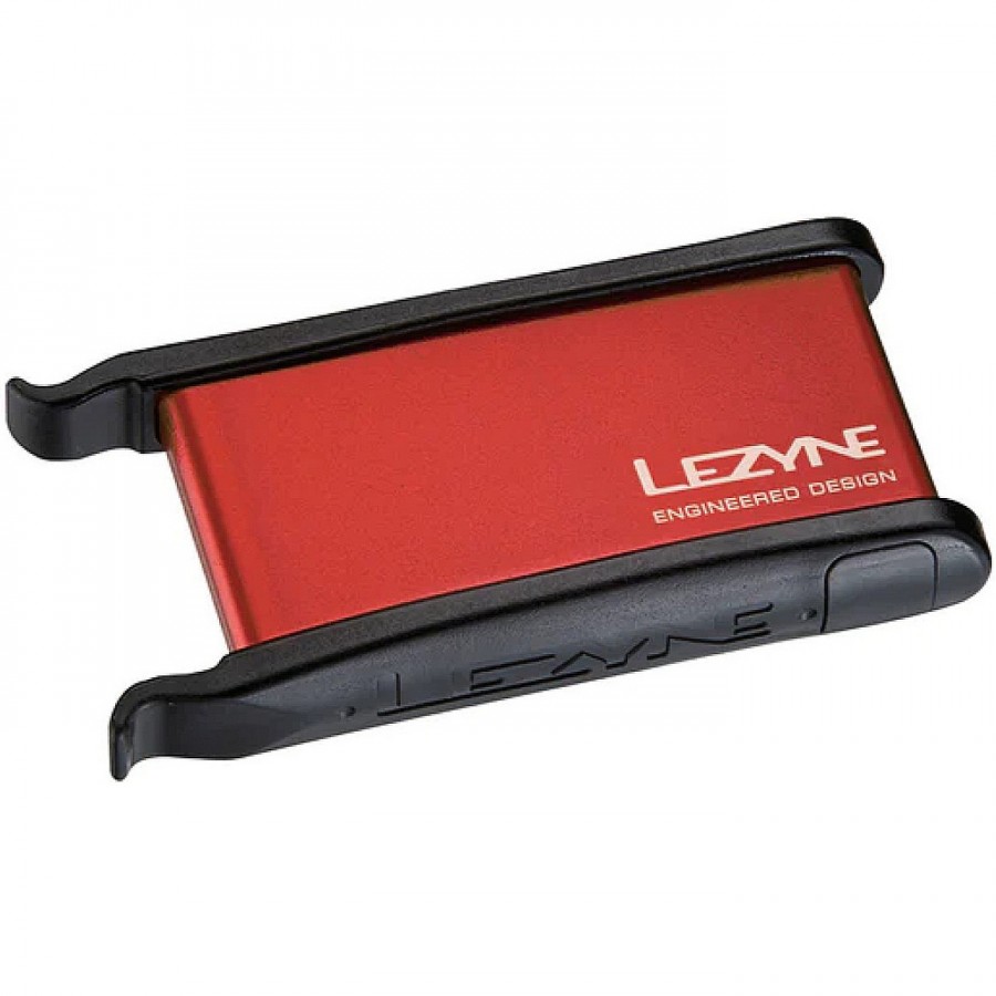 Kit de palancas Lezyne en caja de aleación, 2 palancas para neumáticos, 6 parches, 1 protector, 1 funda para neumáticos, rojo - 