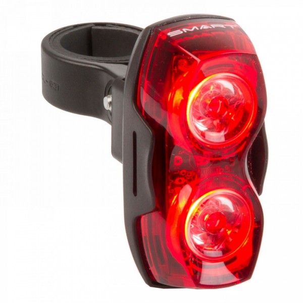 Smart clignotant, 2 leds rouges de 0.5 watt, 3 fonctions, avec support pour tige de selle + hauban + clip ceinture, avec piles, 