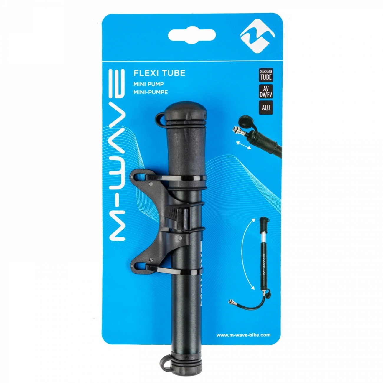 mini-pompe, m-wave 'flexi tube', alu, noir mat, 190 mm, avec tuyau amovible de 150 mm, pour av/dv/fv, avec support, - 8