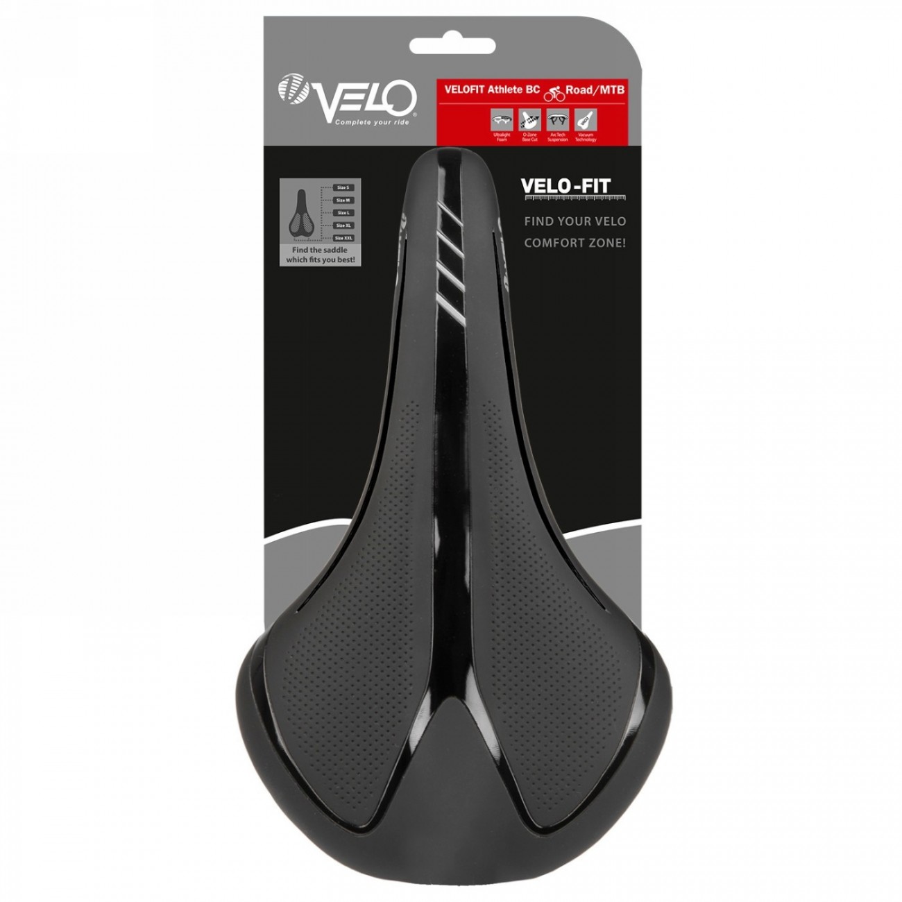 Sillín carretera/mtb, velo - fit athlete bc, l, 277 x 155 mm, negro con rayas plateadas, en tarjeta - 3