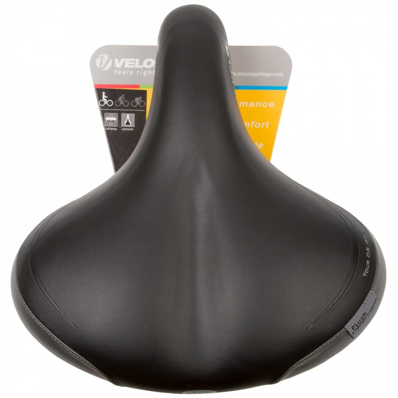 selle confort velo plush, tour ds gel, avec gel, avec ressorts de pression/traction, avec collier de serrage, noir, avec carte -