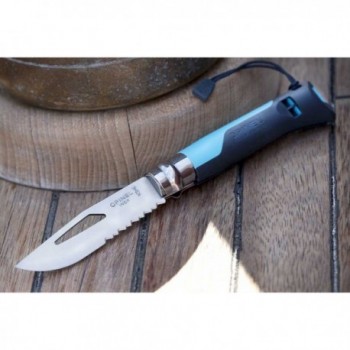 Couteau Opinel Outdoor N.8 Bleu avec Sifflet, Lame Dentée et Anneau de Sécurité Virobloc - 8