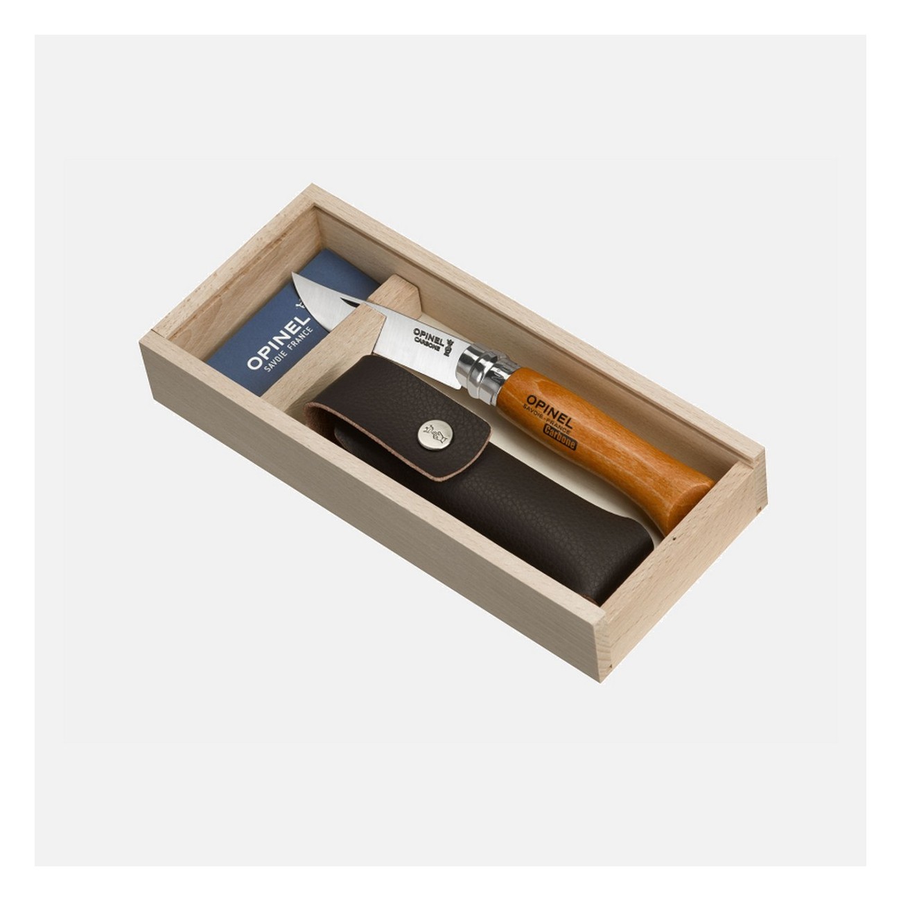 Set de Cuchillos Opinel N.8 con Funda, Estuche de Madera y Hoja de Acero - 4 Piezas - 1