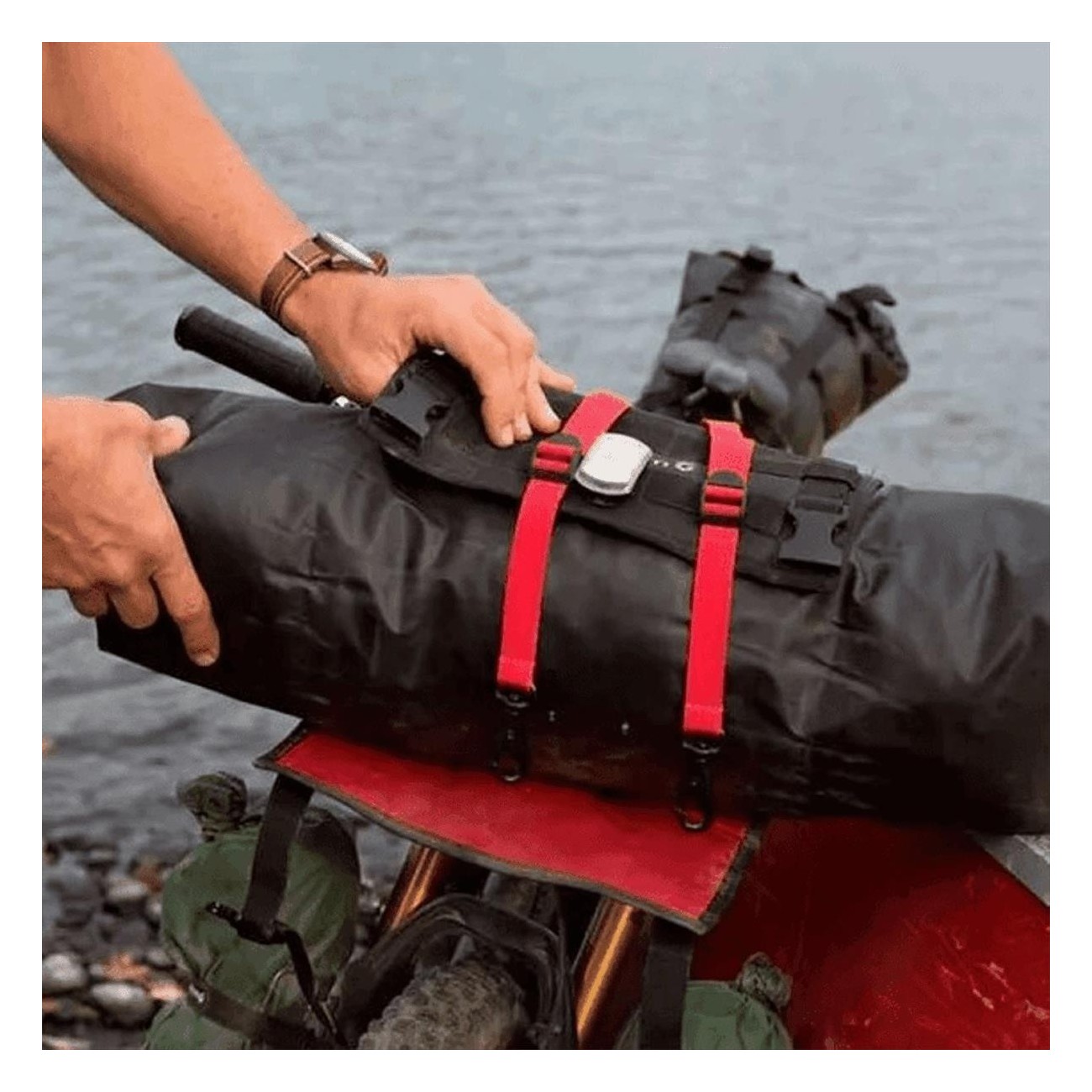 14L Waterproof Bikepacking Handlebar Bag with Versatile Harness - Black/Grey/Red - 5