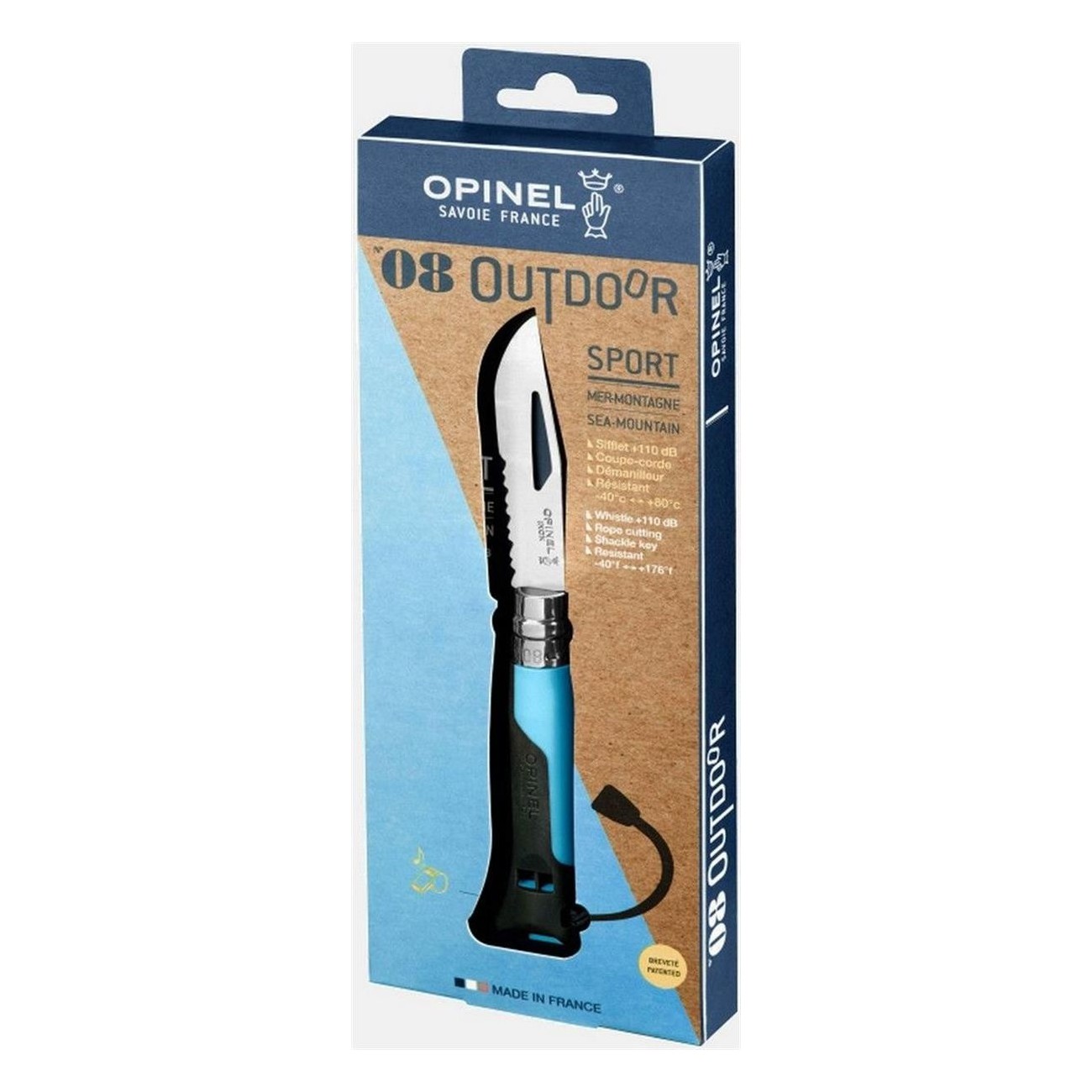 Coltello Opinel Outdoor N.8 Blu con Fischietto, Lama Seghettata e Anello di Sicurezza Virobloc - Ideale per Avventure all'Aperto