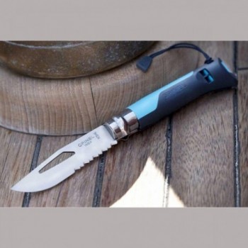 Coltello Opinel Outdoor N.8 Blu con Fischietto, Lama Seghettata e Anello di Sicurezza Virobloc - Ideale per Avventure all'Aperto