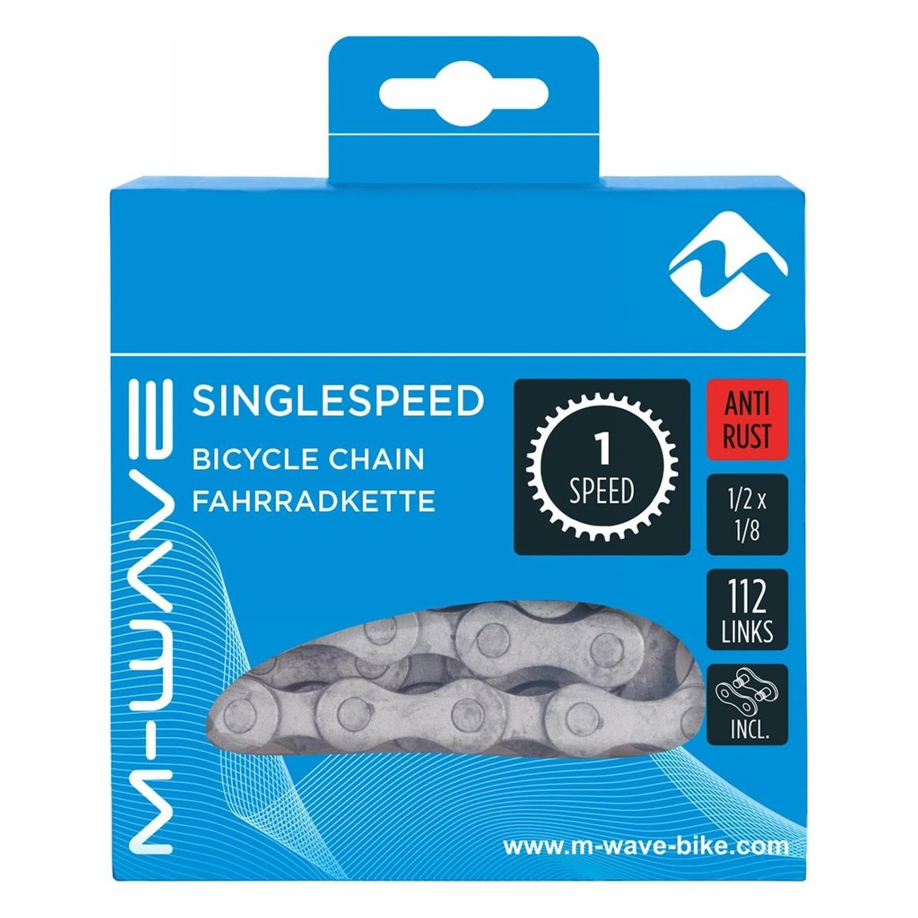 Chaîne de vélo M-WAVE Antirouille 1/2x1/8, 112 maillons, 1 vitesse, Argent - 2