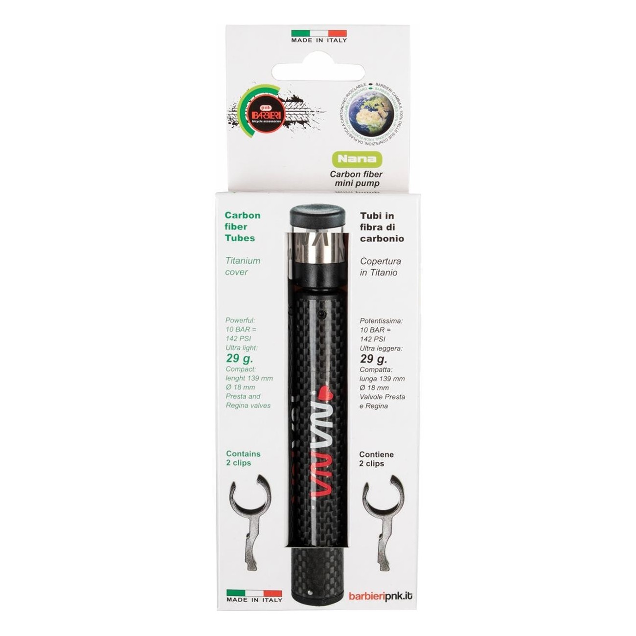 Mini Pompa Barbieri NANA in Carbonio, 145 PSI, 29g, 139mm con Clip per Telaio Bici - 2 - Pompe - 0698238408240