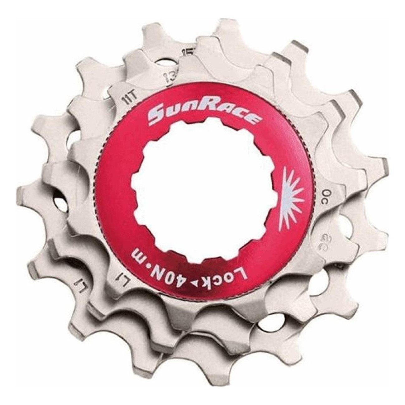 Kit Lockring Rouge et Pignons 10V en Aluminium Argent pour Shimano - SunRace - 1