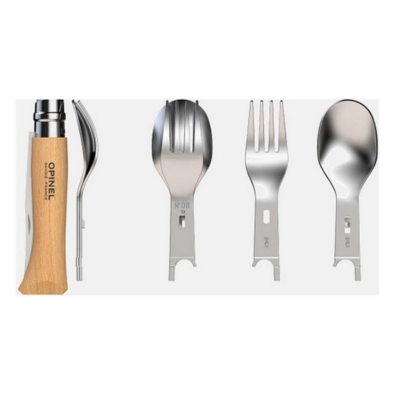 Set Picnic+ Opinel: Coltello N°08, Forchetta e Cucchiaio in Acciaio Inox con Astuccio - 3 - Coltelli - 3123840025006