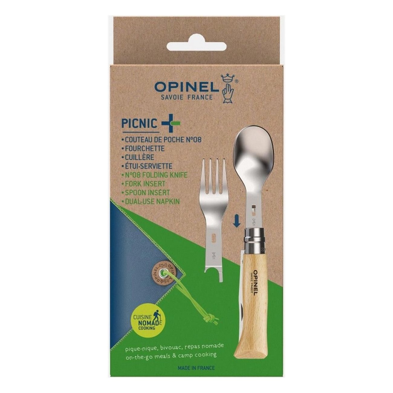 Set Picnic+ Opinel: Coltello N°08, Forchetta e Cucchiaio in Acciaio Inox con Astuccio - 5 - Coltelli - 3123840025006