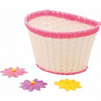 Junior Bike Basket MVTEK in Woven Plastic with 3D Flowers, White, 24x15x16 cm - 1