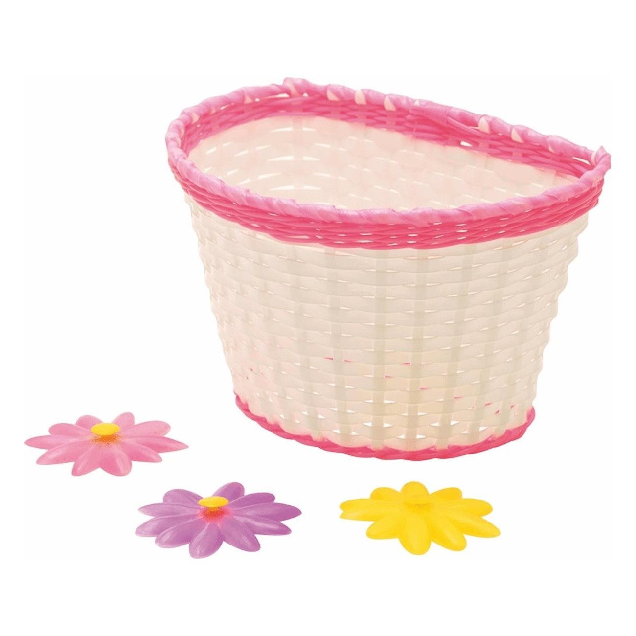 Junior Bike Basket MVTEK in Woven Plastic with 3D Flowers, White, 24x15x16 cm - 1