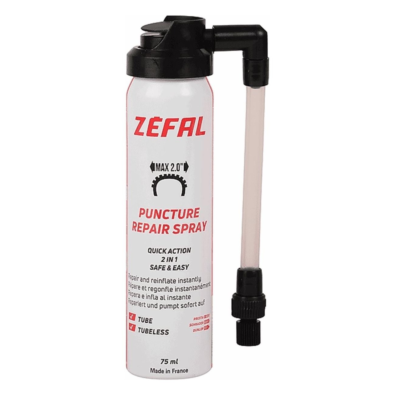 Spray Gonflant et Réparateur Tubeless 75ml pour Valves Presta et Schrader - 1