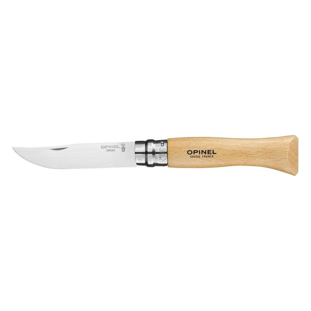 Couteau Opinel N.09 en Acier au Carbone avec Manche en Hêtre et Anneau Virobloc - 1