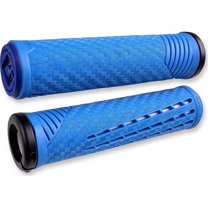 Puños ODI CF Lock-On Azul/Blanco con Abrazadera Negra Mate 135 mm para BMX y MTB - 1