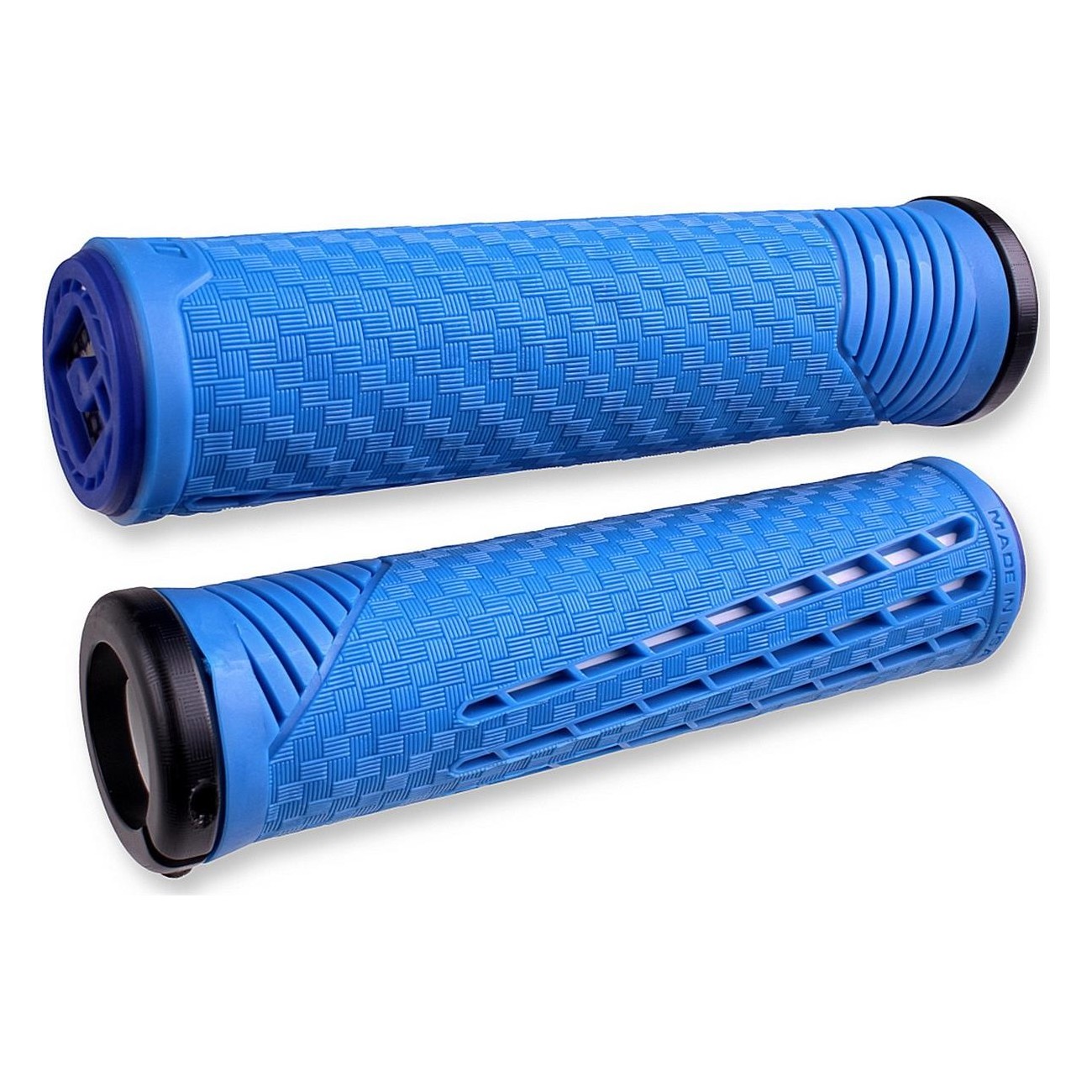 Puños ODI CF Lock-On Azul/Blanco con Abrazadera Negra Mate 135 mm para BMX y MTB - 1