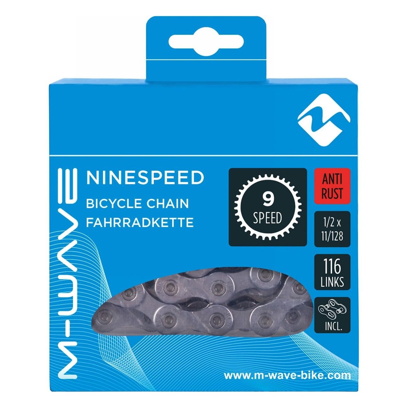 M-WAVE 9-Speed Bike Chain 116 Links Rustproof Silver with Locking Link - 2