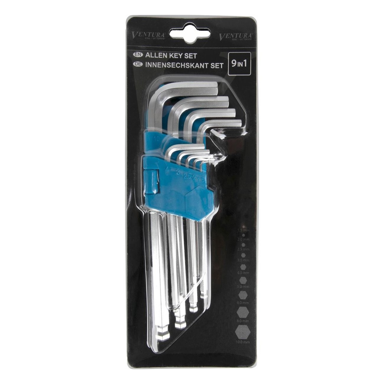 Ventura 9-in-1 CrV Hex Key Set, Sizes 1.5-10 mm, Blister Pack - 3