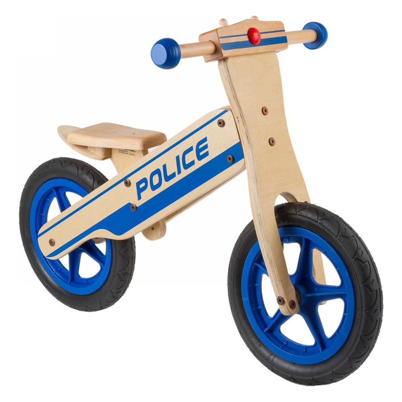 Wooden Racing Bike for Kids 12 Inch, Blue Police Model with Adjustable Seat - 1