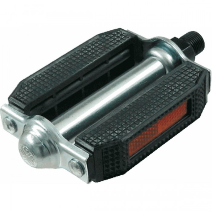 Pair of Black Rubber Flat Pedals with Steel Axle and Reflectors, 76x117 mm - 1