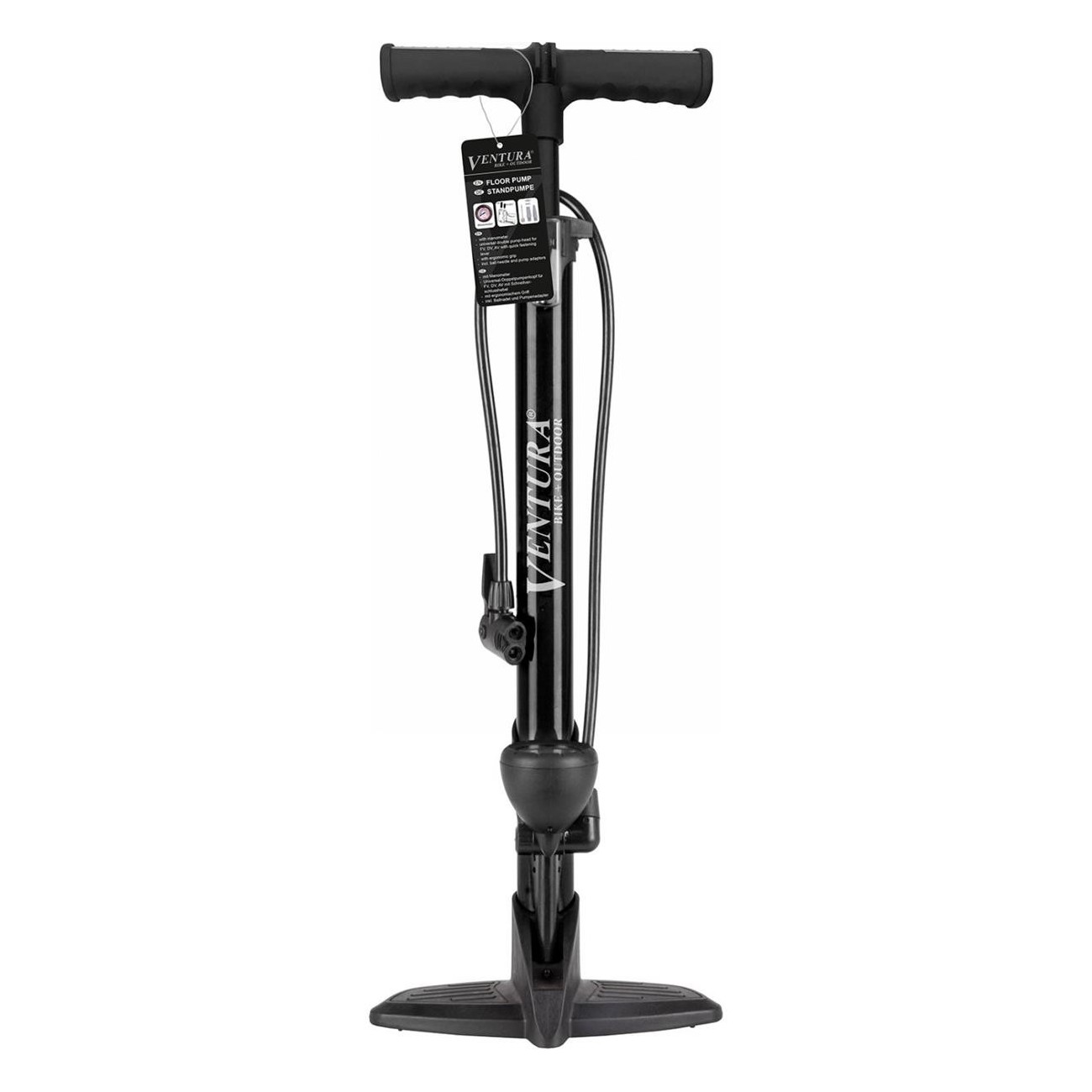 Ventura Floor Pump in Black Steel with Pressure Gauge and Universal Head - 5