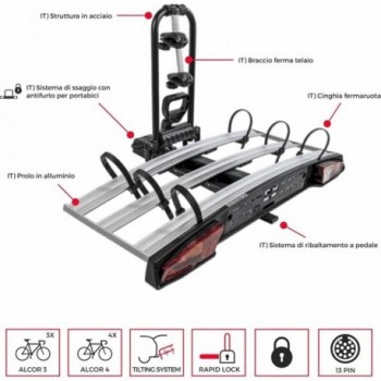 Portabici Alcor per Gancio Traino, 3 Bici, E-Bike e FAT BIKE, Ribaltabile e Sicuro - 1 - Portabici - 8003168040095