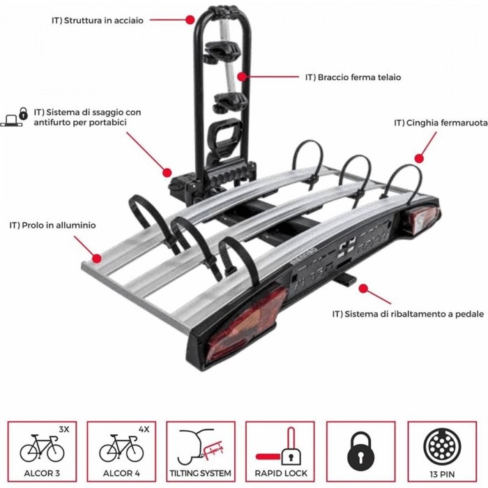 Alcor Towbar Bike Rack for 3 Bikes, E-Bike and FAT BIKE, Foldable and Safe - 1