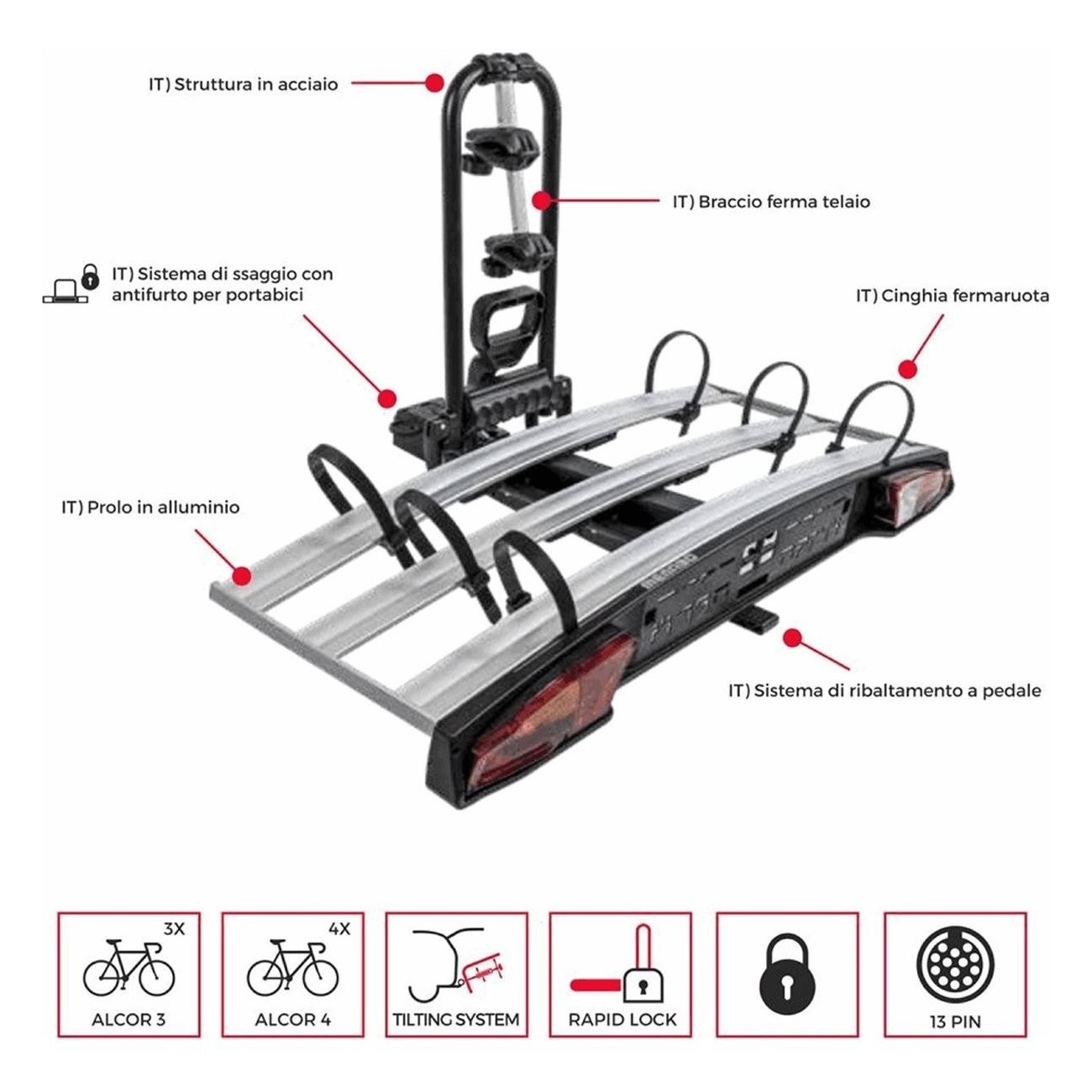 Support de vélo Alcor pour attelage, 3 vélos, E-Bike et FAT BIKE, inclinable et sûr - 1