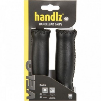 Black Leather Bike Grips 125mm Padded Velo - Classy Retro Look - 2