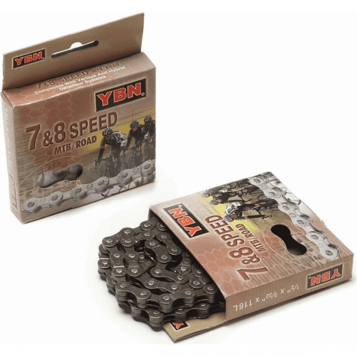 YBN S-52 Chain 7/8 Speed 116 Links for MTB and Road - Compatible with Campagnolo, Shimano, SRAM - 1