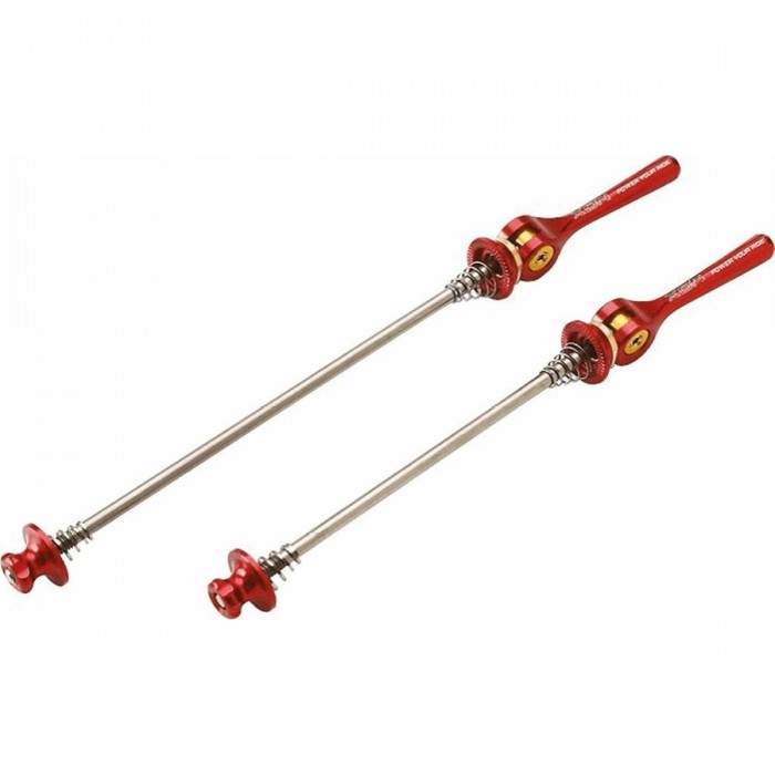 Red CNC 7075 Aluminum MTB Quick Releases Front and Rear, Titanium Axle, 59g - 1