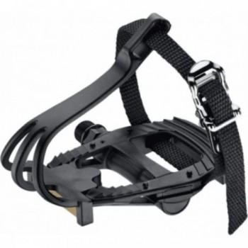 Black Resin Flat Road Pedals with Toe Clip and Strap, 320g, 140x90mm - 1