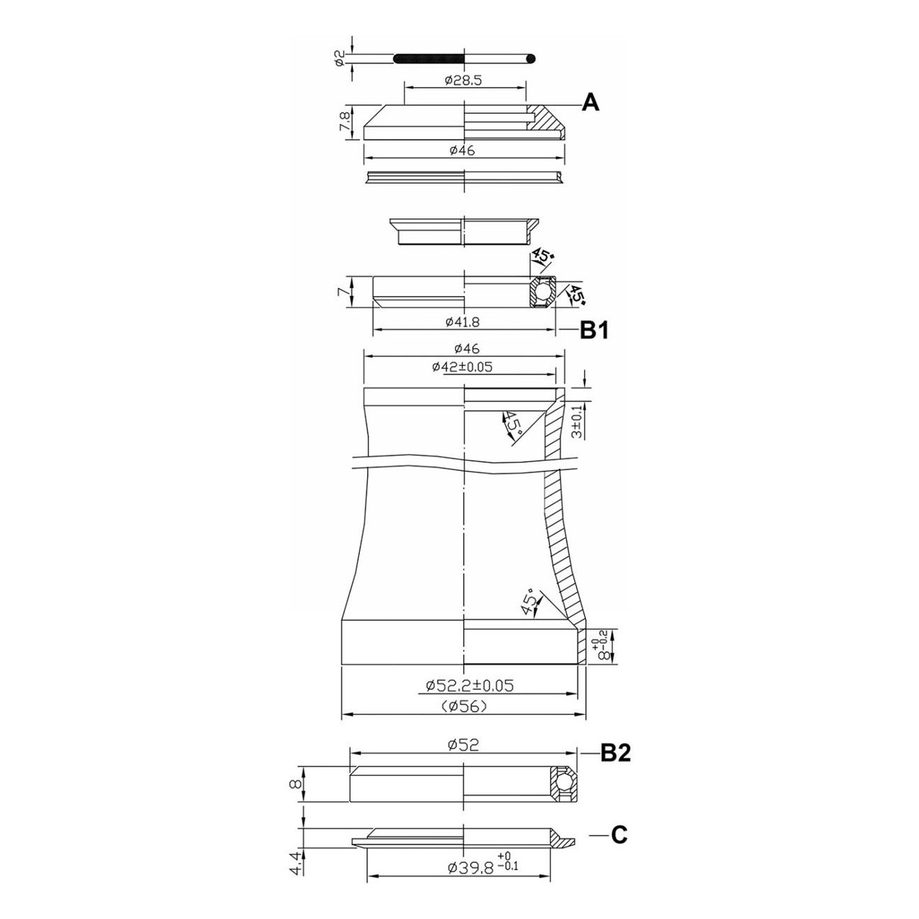 Integrierte Ahead Steuersatz-Serie Tange aus schwarzem Aluminium 1 1/8' - 1,5' - 3