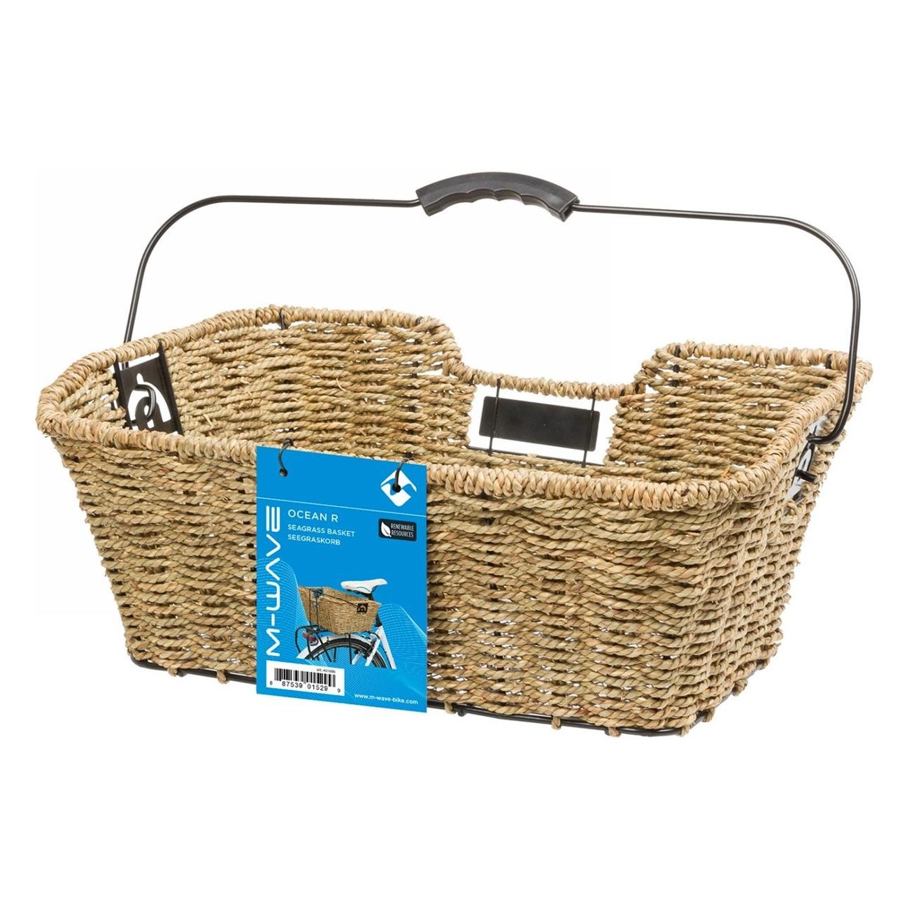 M-Wave Seagrass Bicycle Rack Basket 41x29.5x17 cm with Hooks - Handwoven - 5