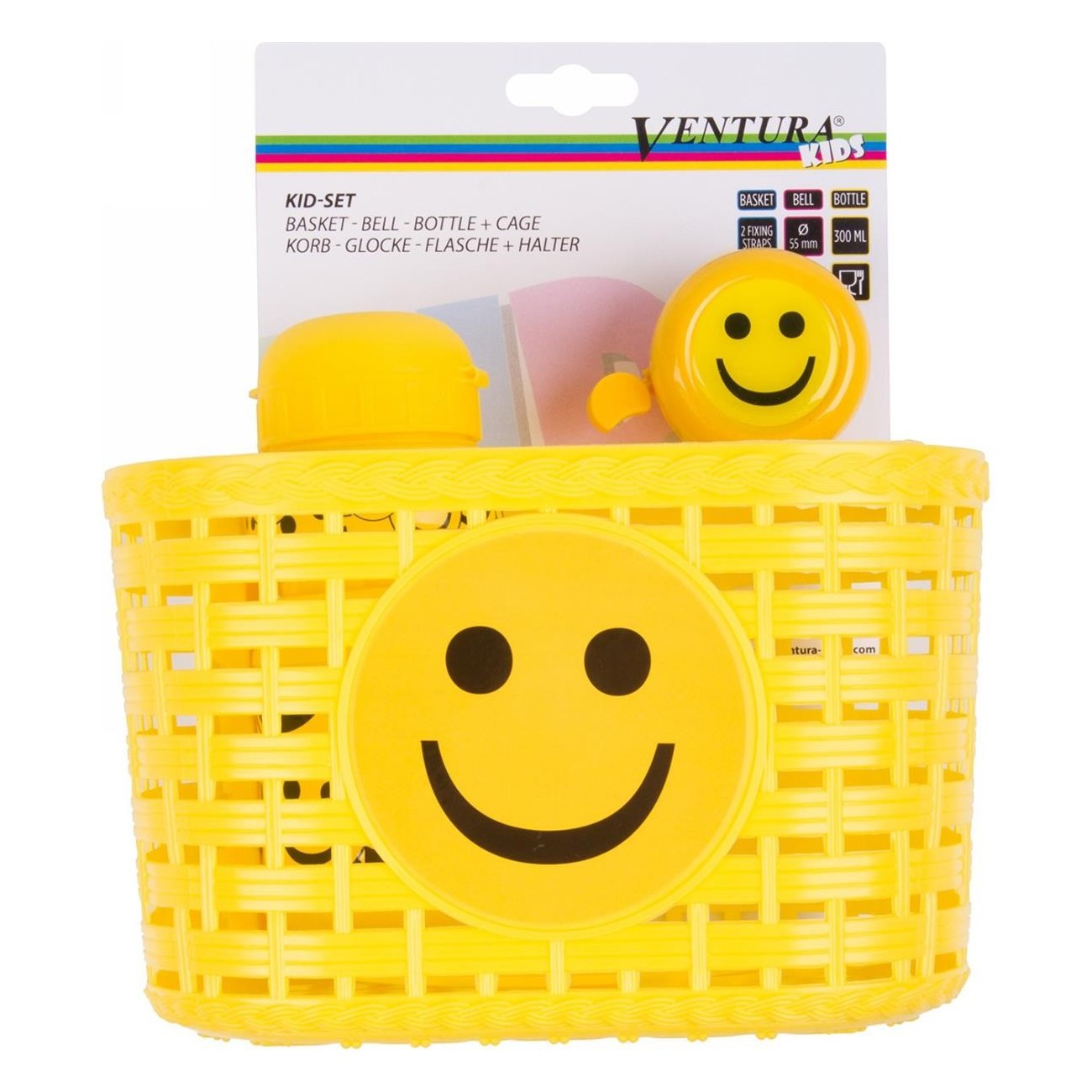 Set Smiley per Bambini: Cestino, Campana e Borraccia Gialla - 2 - Cestini - 0887539025991