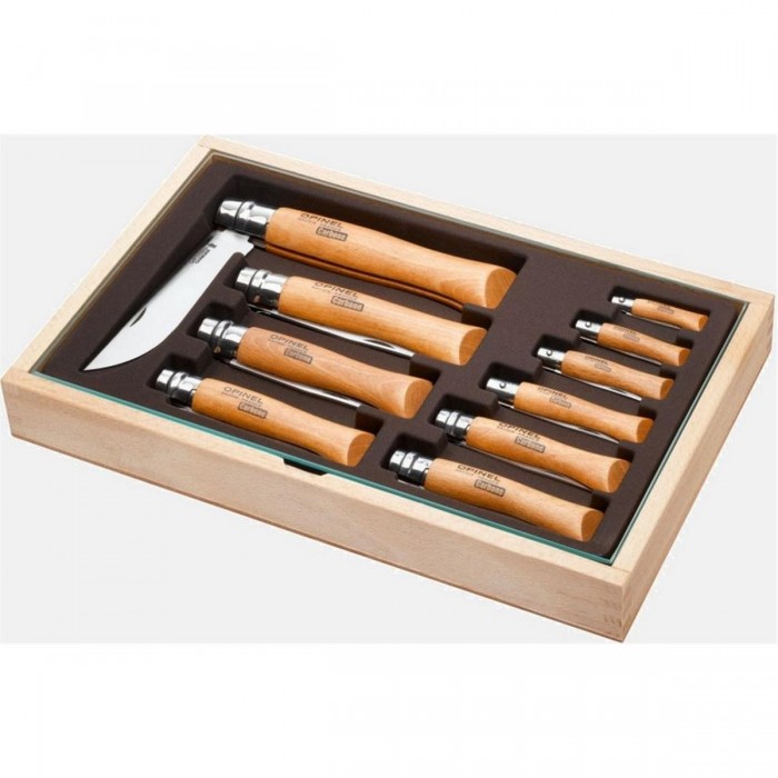 Wooden Box with Tradition Opinel Carbon Steel Knives - Complete Set N°02-N°12 - 1