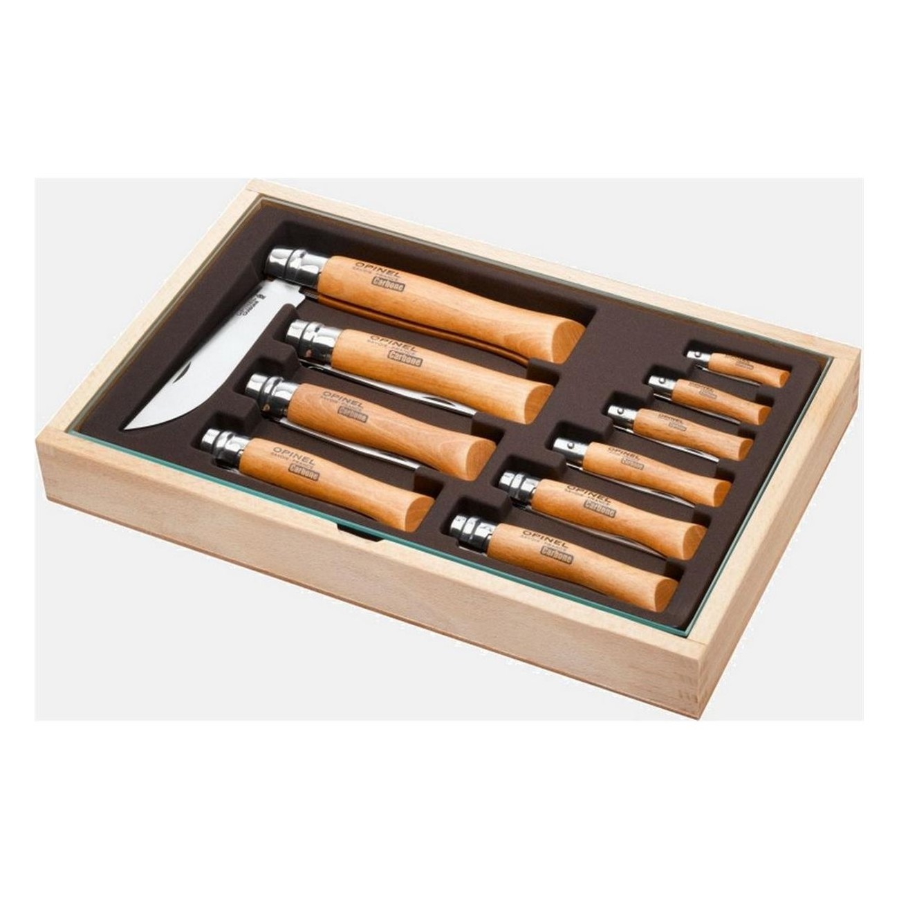 Wooden Box with Tradition Opinel Carbon Steel Knives - Complete Set N°02-N°12 - 1