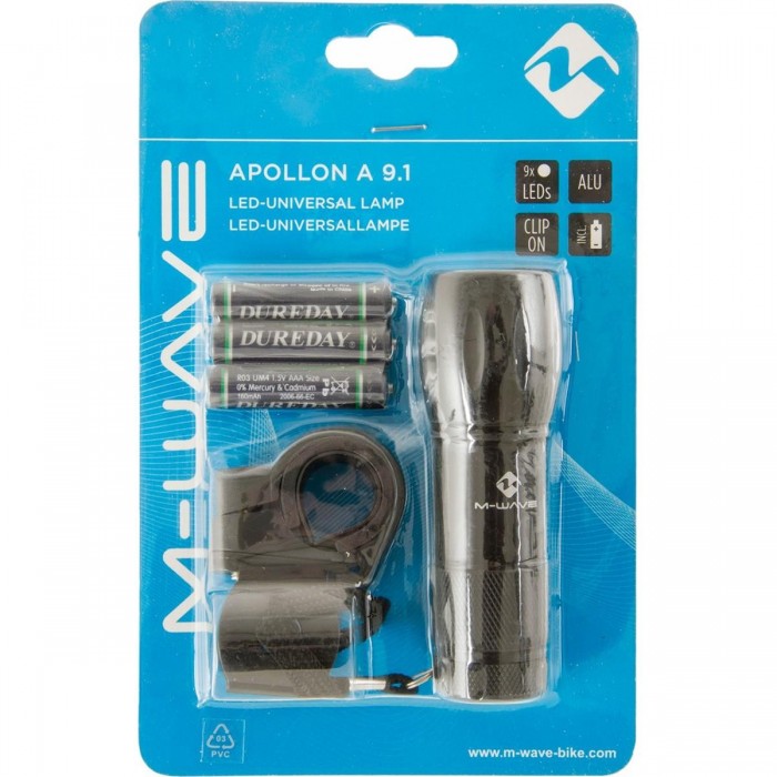 Lampada Frontale a Batteria M-WAVE 9 LED in Alluminio Nero con Supporto Clip per Manubrio - 3 - Luci - 4015493221371