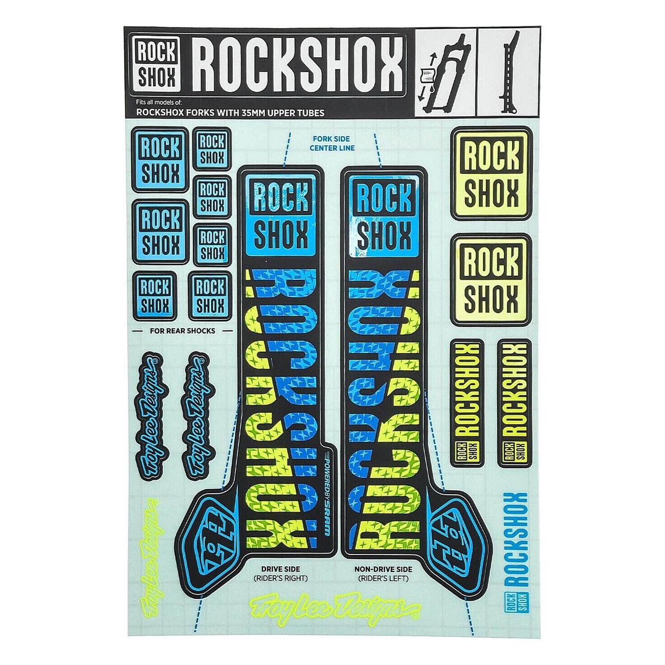 Troy Lee Designs 35mm Blue/Yellow Sticker Kit for Pike, Lyrik, Yari, Domain, Revel MY18 - 1