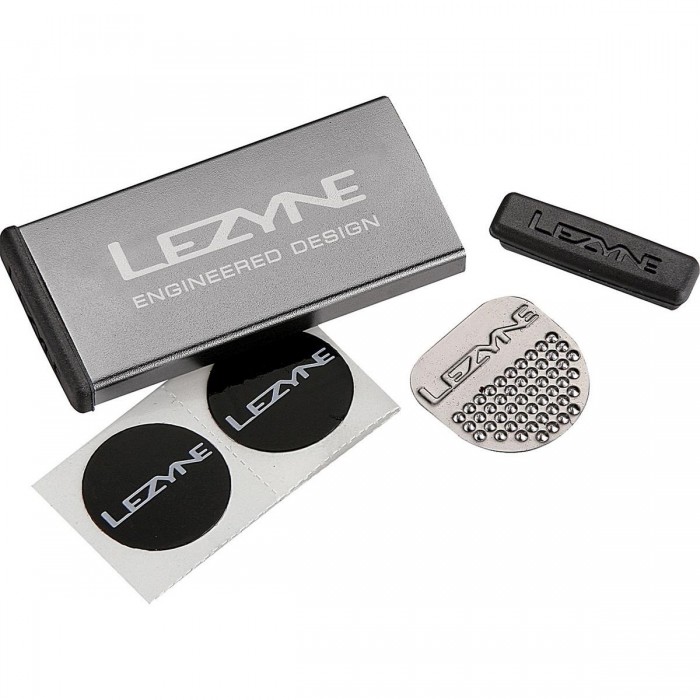 Lezyne Metall Reparaturset - Aluminium Box mit 6 Patches, 1 Kratzer, 1 Reifenprotektor, Grau - 1