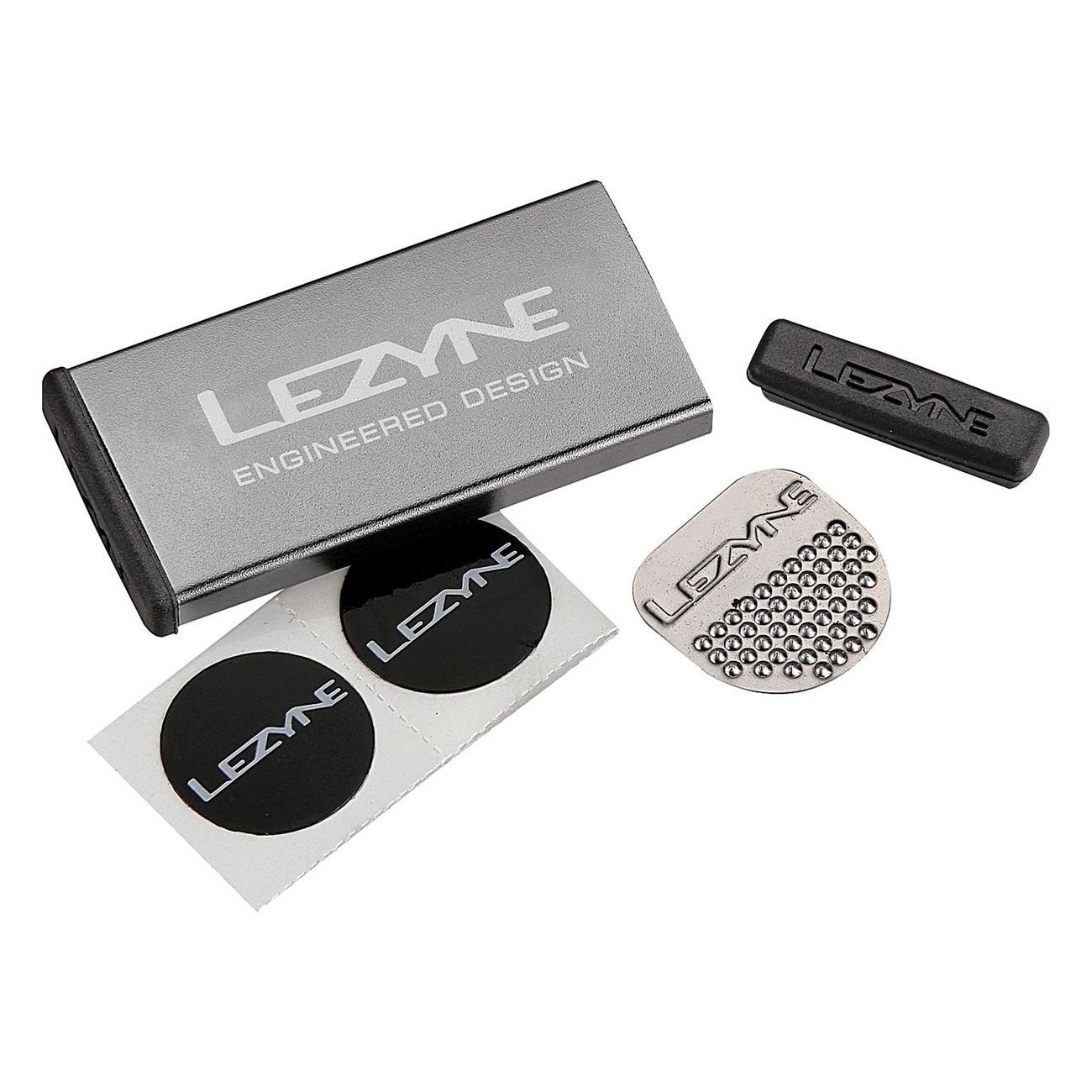 Kit de Reparación Lezyne de Metal - Caja de Aluminio con 6 Parches, 1 Raspador y 1 Protección de Neumáticos, Color Gris - 1