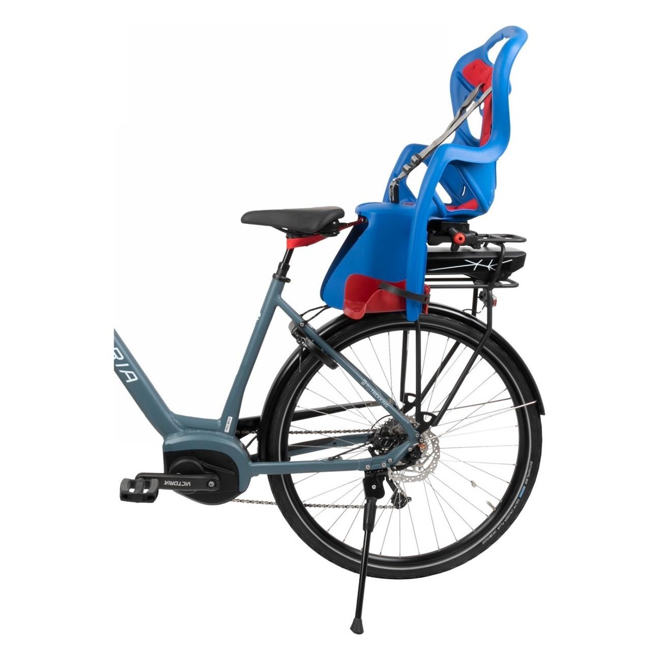 Siège de vélo pour enfants bleu clair, montage sur porte-bagages, jusqu'à 22 kg, sécurité certifiée DIN EN 14344 - 2